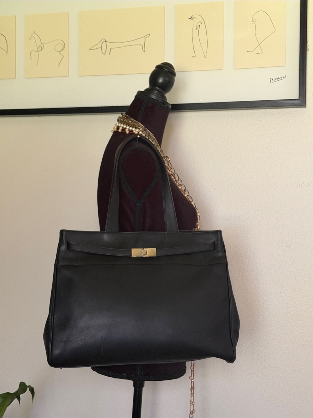 Classic Furla Black Leather Tote with Gold Tone Hardware